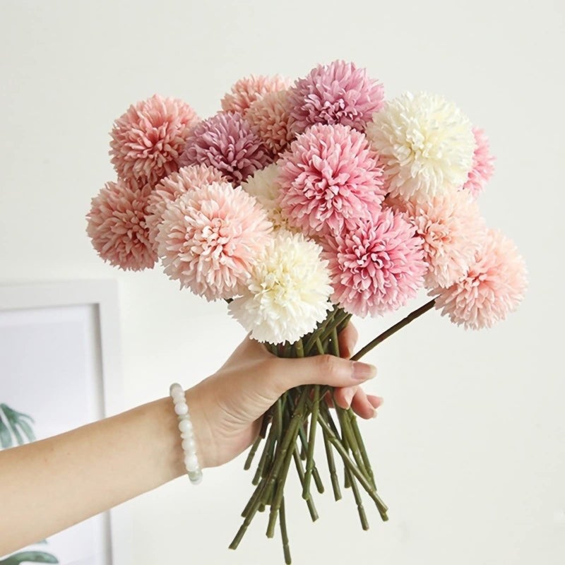 Tinsow 12 Pcs Artificial Flowers Faux Ball Chrysanthemum Bouquet Silk White Flowers Bridal Wedding Bouquet for Home Garden Party Wedding Decoration (White, 12) - Image 4