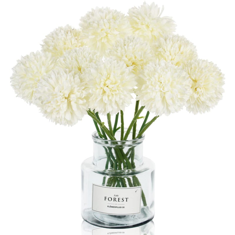 Tinsow 12 Pcs Artificial Flowers Faux Ball Chrysanthemum Bouquet Silk White Flowers Bridal Wedding Bouquet for Home Garden Party Wedding Decoration (White, 12) - Image 1