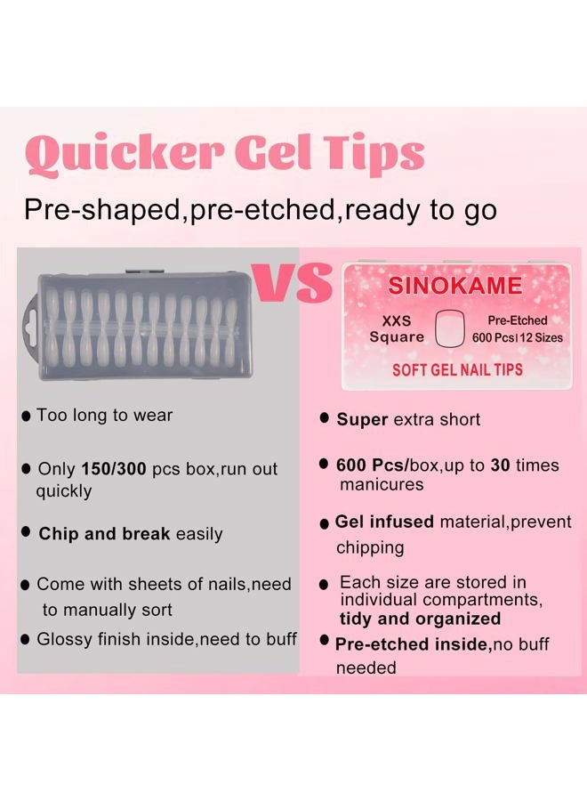 SINOKAME 600Pcs Extra Short XXS Square Gel Nail Tips, Small Petite Pre-etched Full Cover Fake Nails for Short Nail Beds, Extra Short Squoval Clear Press on Glue on Acrylic Nails Extension,12 Sizes - Image 4