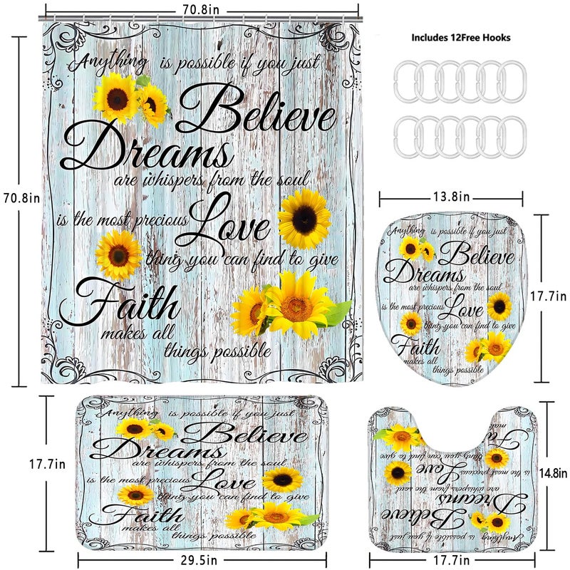 AZHM 4pcs Farmhouse Shower Curtain Sets Sunflower Bathroom Decor Set Inspirational Quotes Bathroom Curtain Shower Set with Rugs and Accessories Floral Flower Toilet Curtain Set - Image 2