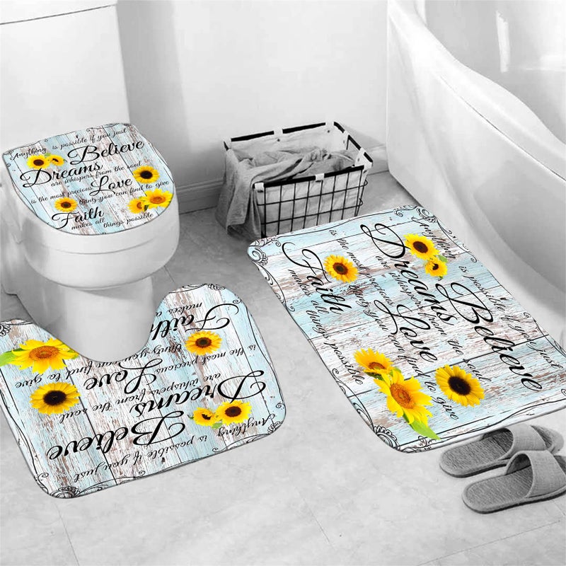 AZHM 4pcs Farmhouse Shower Curtain Sets Sunflower Bathroom Decor Set Inspirational Quotes Bathroom Curtain Shower Set with Rugs and Accessories Floral Flower Toilet Curtain Set - Image 5