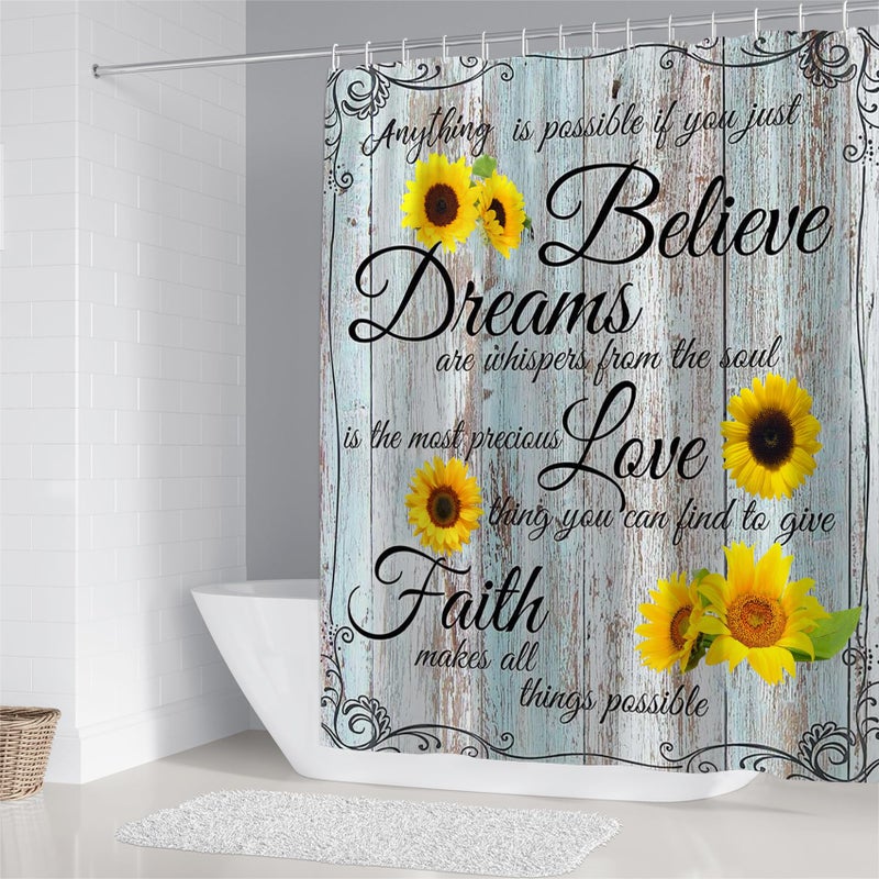 AZHM 4pcs Farmhouse Shower Curtain Sets Sunflower Bathroom Decor Set Inspirational Quotes Bathroom Curtain Shower Set with Rugs and Accessories Floral Flower Toilet Curtain Set - Image 3