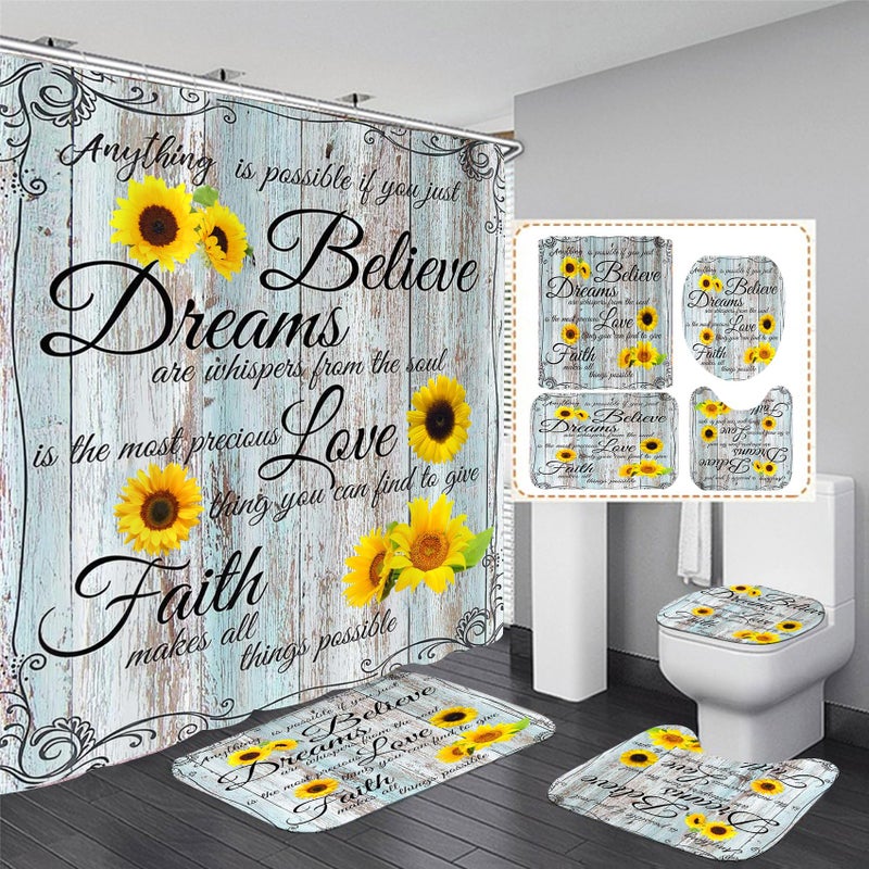 AZHM 4pcs Farmhouse Shower Curtain Sets Sunflower Bathroom Decor Set Inspirational Quotes Bathroom Curtain Shower Set with Rugs and Accessories Floral Flower Toilet Curtain Set - Image 1