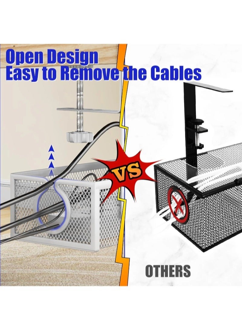 Under Desk Cable Management Tray, Metal Long Arms(3.9in), No Drill Mesh Wire Management Tray Cable Box for Office, Desk Wire Organizer with Clamp Mount, 1 Pack, White - Image 3