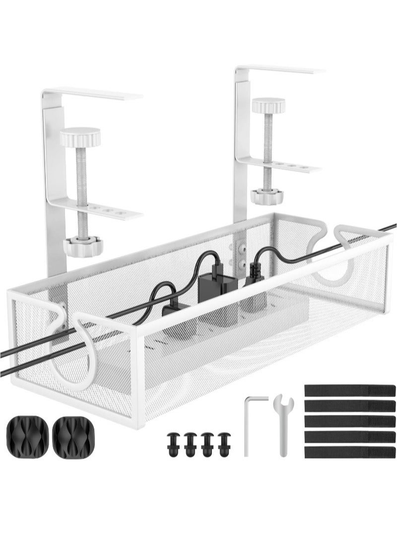 Under Desk Cable Management Tray, Metal Long Arms(3.9in), No Drill Mesh Wire Management Tray Cable Box for Office, Desk Wire Organizer with Clamp Mount, 1 Pack, White - Image 1