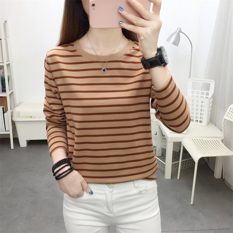 Outer Wearing Long-Sleeved T-Shirt Women'S Loose Plus Size Autumn Clothes Base Shirt Middle-Aged Mother'S Early Autumn Striped Top - Image 1