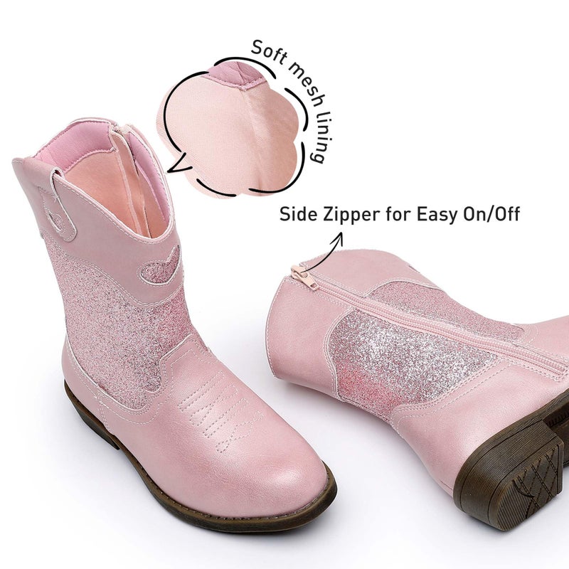 Ahannie Girls Glitter Cowboy Boots â€“ Sparkly Western Cowgirl Boots with Side Zipper (Toddler/Little Kid/Big Kid)(Pink/Glitter-2 Little Kid) - Image 5