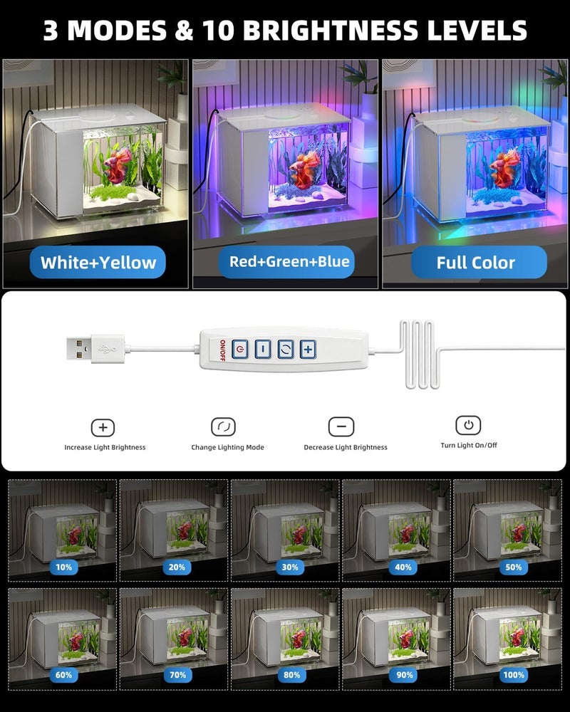Vehipa 3.7L Small Betta Aquarium Complete Set, Nano Acrylic Aquarium with Filter, LED Lighting, Pump, Ideal for Small Fish, Shrimp and Plants (White) - Image 4