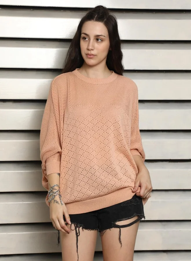 HIGH STAR Women's Orange 100% Cotton Solid Pattern Regular Fit Top