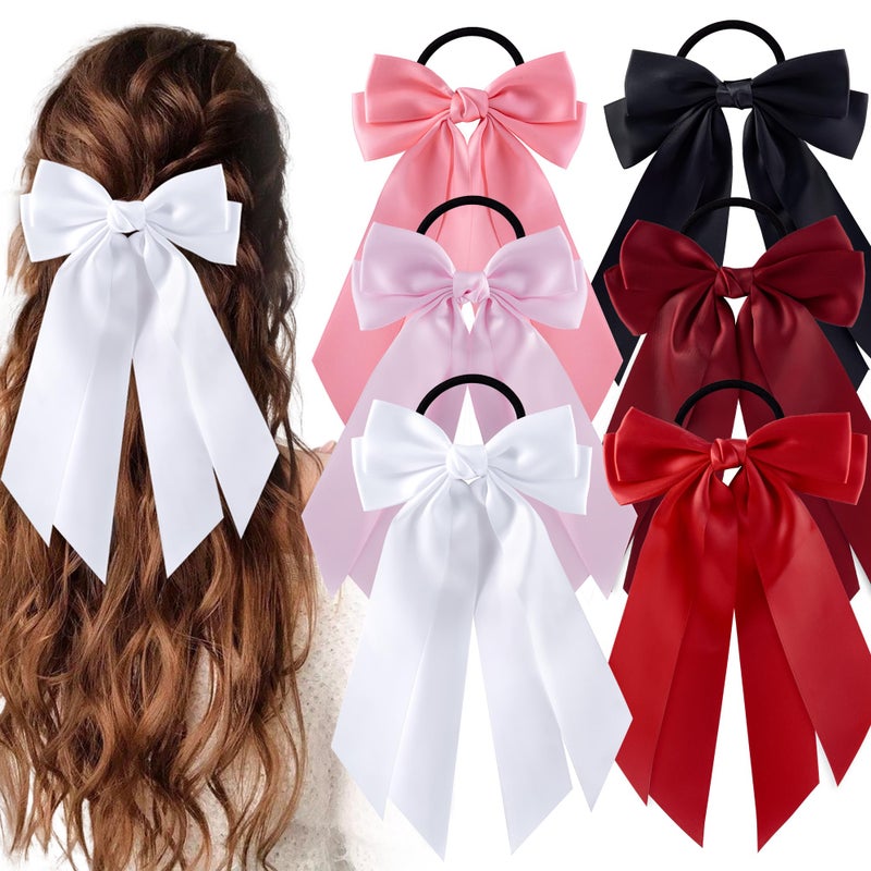 hisial 6Pcs Bow Hair Ties Non-Damage Ponytail Holders Hair Bows Ribbon for Women Fashion Bows Accessories for Girls Elastic Hair Bands(White/Pink/Red/Black) - Image 1