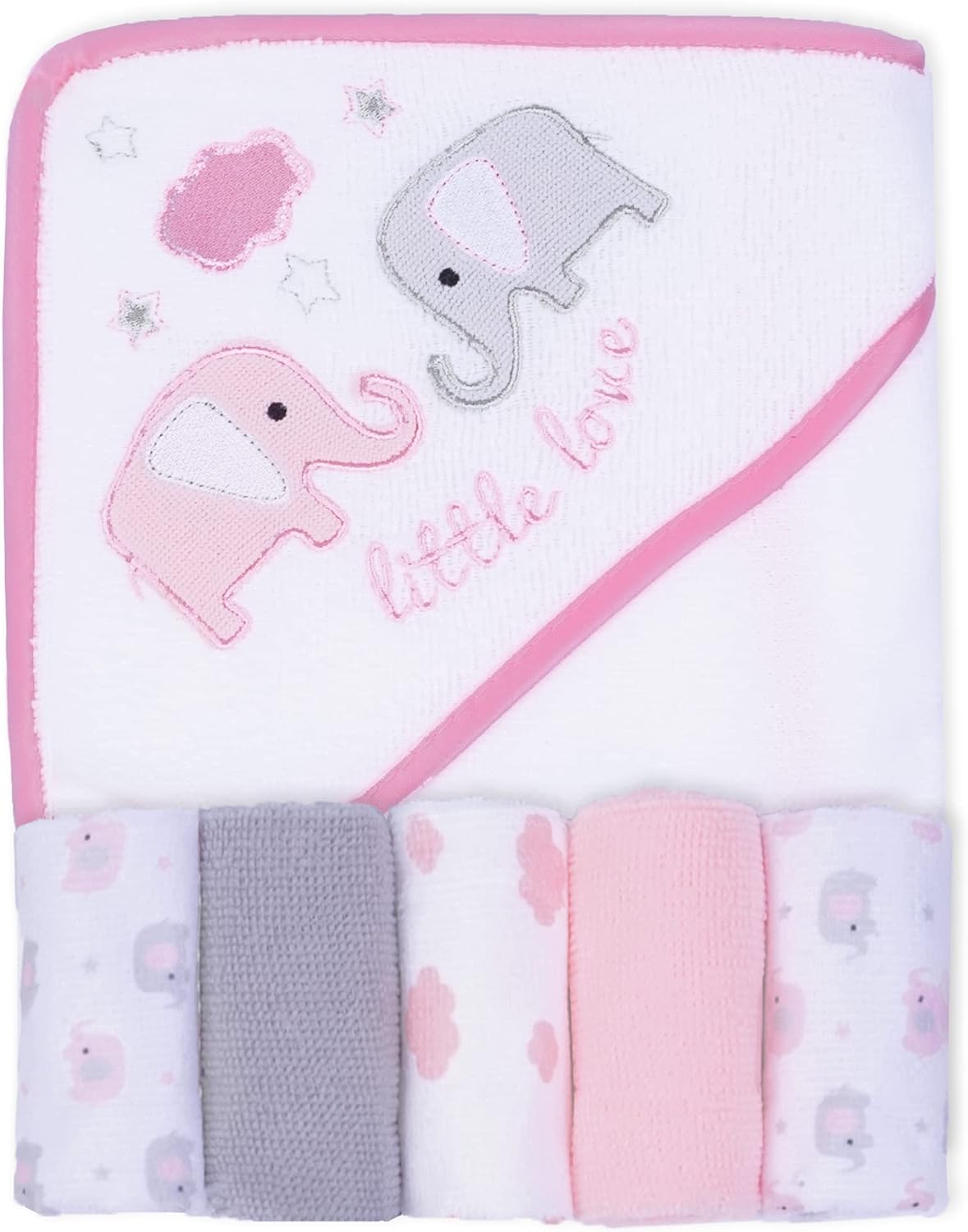 Viviland Unisex Baby 6 Piece Hooded Towel and Washcloths Gift Set for Newborn Infants, Boys & Girls Ultra Soft Absorbent Bath & Face Towel (Pink Elephant)