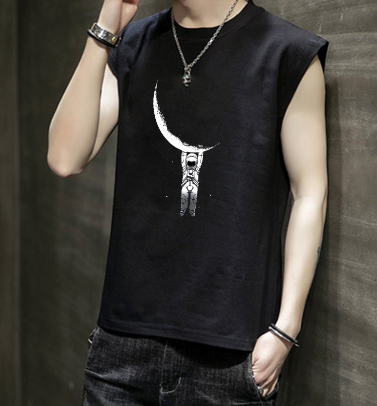wish Men's shirt Moon Astronaut Print Street Youth Pullover Sleeveless T-Shirt - Image 2