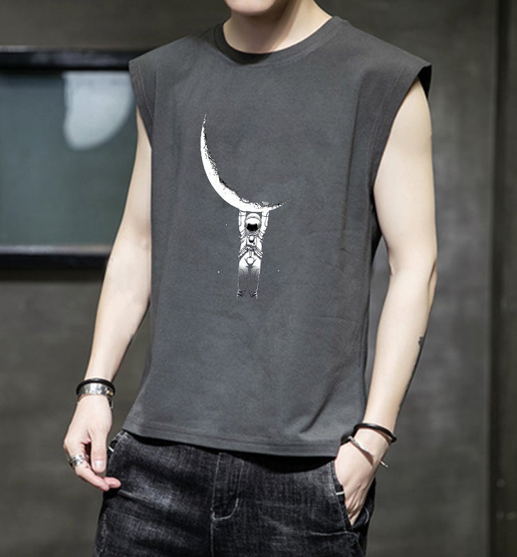 wish Men's shirt Moon Astronaut Print Street Youth Pullover Sleeveless T-Shirt - Image 4