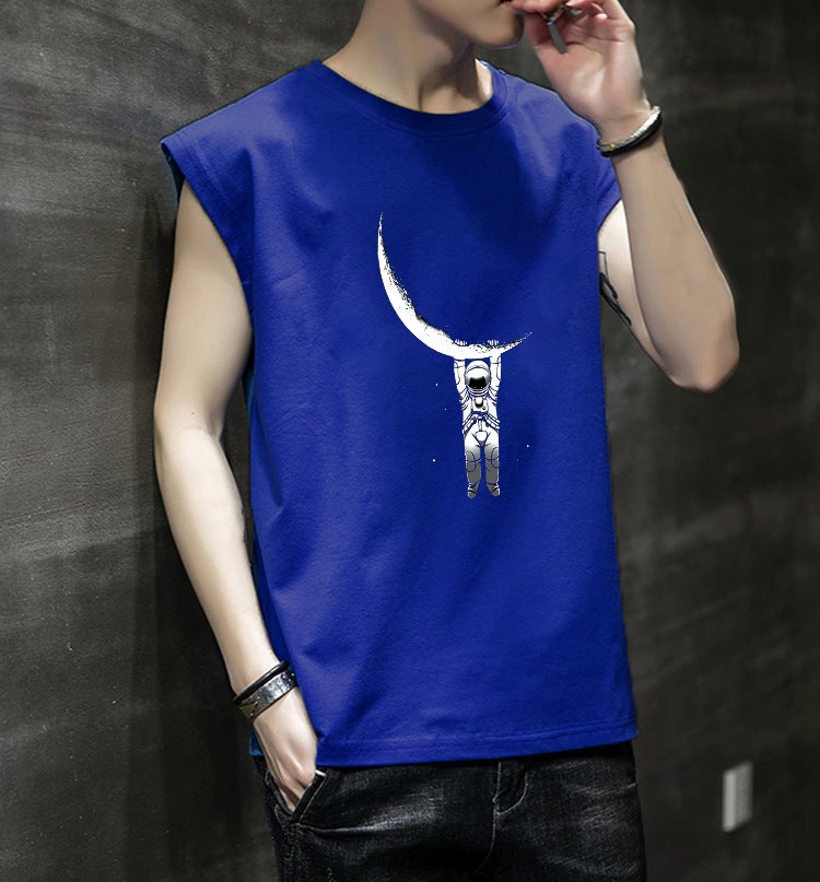 wish Men's shirt Moon Astronaut Print Street Youth Pullover Sleeveless T-Shirt - Image 3