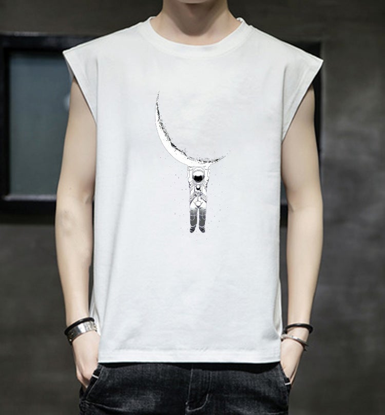 wish Men's shirt Moon Astronaut Print Street Youth Pullover Sleeveless T-Shirt - Image 5