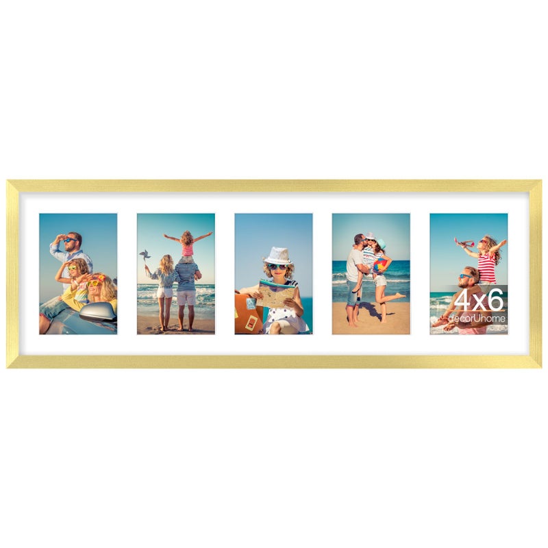 decorUhome 8x24 Picture Frames Collage Wall Decor Display 5Pcs 4x6 Photos with Mat or 1Pcs 8x24 Unmatted 5 4x6 Collage Picture Frames for Wall Mounting Gold