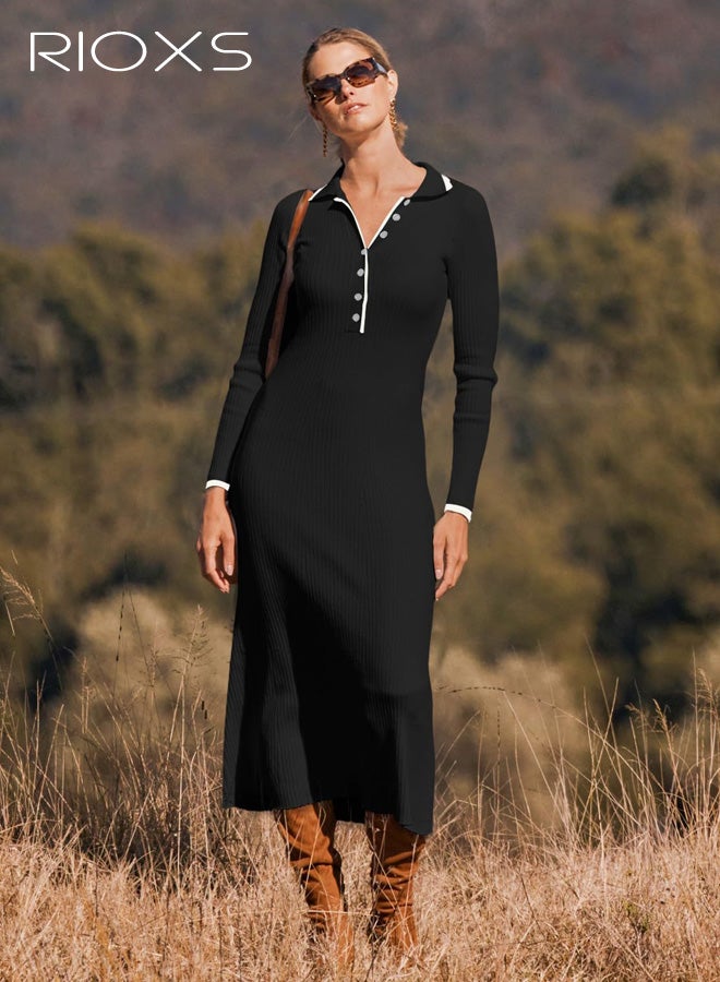 ريوكس فستان ماكسي طويل الأكمام برقبة على شكل V للنساء، فستان طويل ضيق بخصر عالٍ وأزرار من الأمام من نسيج محبوك مضلع للسيدات، فستان كاجوال خفيف للربيع والخريف، فساتين أنيقة بياقة طويلة، مناسب للشاطئ والعطلات والحفلات والمواعيد والتسوق والمكتب والمزيد، أسود - Image 1