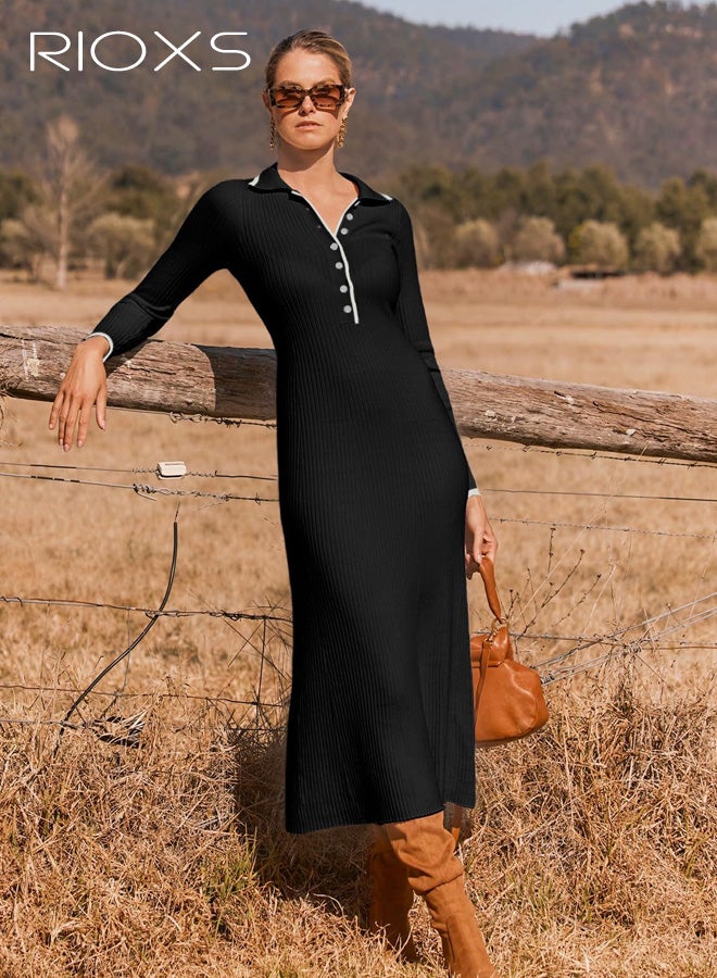 ريوكس فستان ماكسي طويل الأكمام برقبة على شكل V للنساء، فستان طويل ضيق بخصر عالٍ وأزرار من الأمام من نسيج محبوك مضلع للسيدات، فستان كاجوال خفيف للربيع والخريف، فساتين أنيقة بياقة طويلة، مناسب للشاطئ والعطلات والحفلات والمواعيد والتسوق والمكتب والمزيد، أسود - Image 3