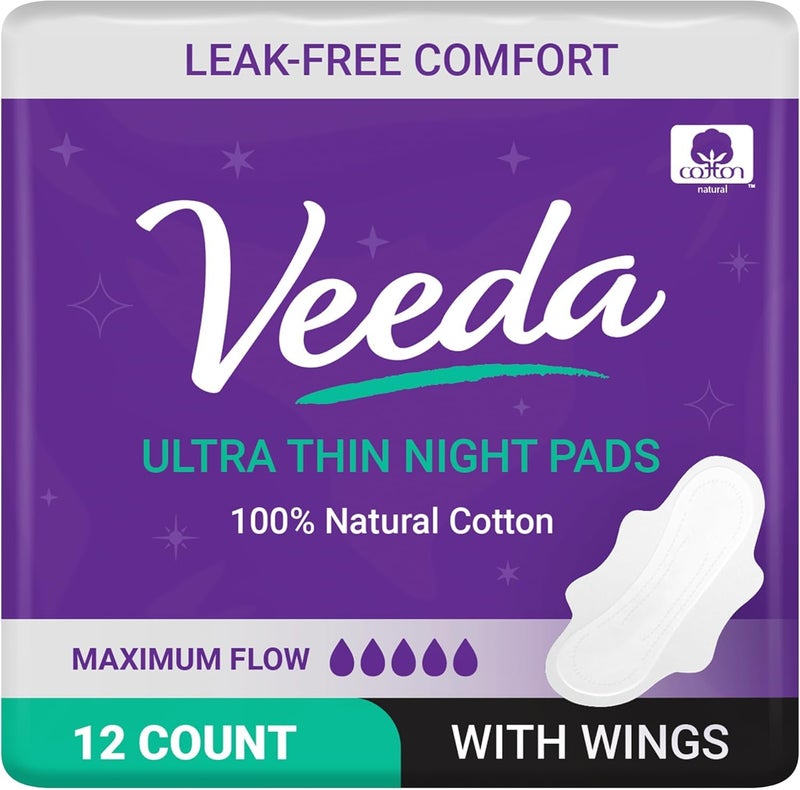 Veeda Natural Cotton Night Pads for Women - Overnight Heavy Flow Absorbent Ultra-Thin Feminine Pad - Hypoallergenic Period pads with Wings - Unscented & Chlorine free Sanitary Napkins - 12 Count - Image 1