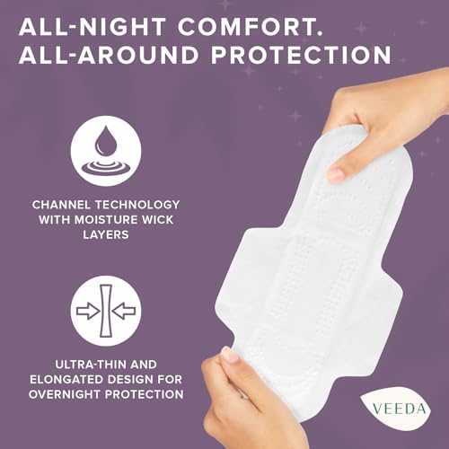 Veeda Natural Cotton Night Pads for Women - Overnight Heavy Flow Absorbent Ultra-Thin Feminine Pad - Hypoallergenic Period pads with Wings - Unscented & Chlorine free Sanitary Napkins - 12 Count - Image 3