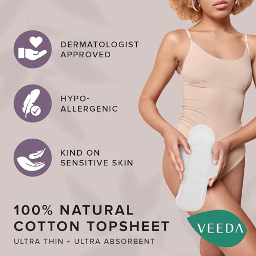 Veeda Natural Cotton Night Pads for Women - Overnight Heavy Flow Absorbent Ultra-Thin Feminine Pad - Hypoallergenic Period pads with Wings - Unscented & Chlorine free Sanitary Napkins - 12 Count - Image 5