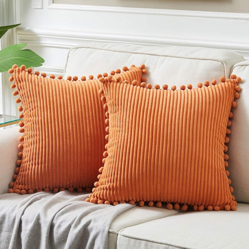 Fancy Homi Pack of 2 Corduroy Fall Decorative Throw Pillow Covers with Pompoms Solid Square Cushion Case Pillow Cases Set for Couch Sofa Bedroom Car Living Room 18x18 Inch45x45 cm Orange