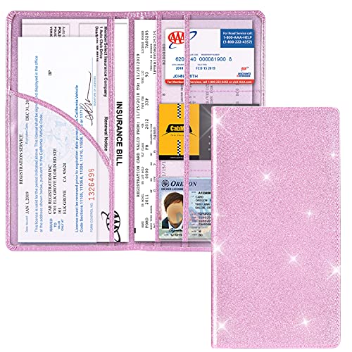 Cacturism Car Registration and Insurance Holder, Car Accessories Vehicle Glove Box Car Organizer Men Women Wallet Case with Magnetic Shut for Cards, Essential Document, Driver License, Bling Pink - Image 1