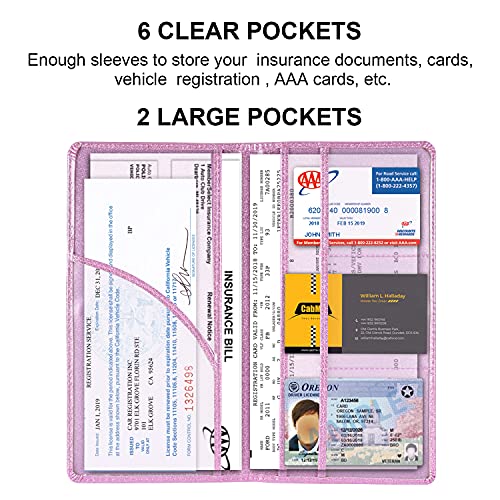 Cacturism Car Registration and Insurance Holder, Car Accessories Vehicle Glove Box Car Organizer Men Women Wallet Case with Magnetic Shut for Cards, Essential Document, Driver License, Bling Pink - Image 2
