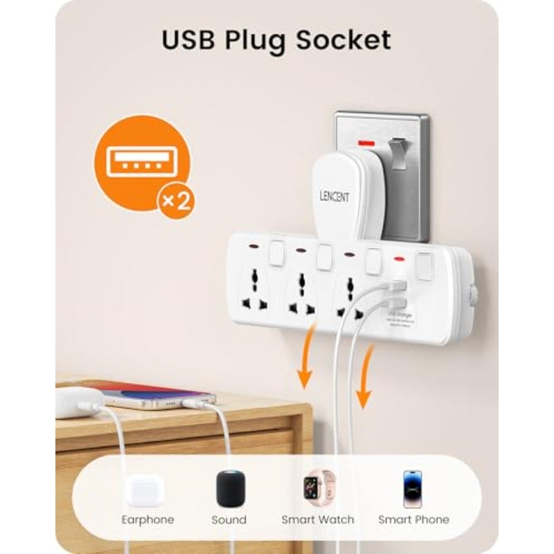 مقبس تمديد متعددة المآخذ مع 2 منفذ USB، مقبس كهربائي ثلاثي، شاحن حائط بسلك فيوز 13A، مقبس عالمي، محول، محطة شحن للاستخدام المنزلي، المكتب، المطبخ، مع مفتاح تشغيل فردي - Image 3