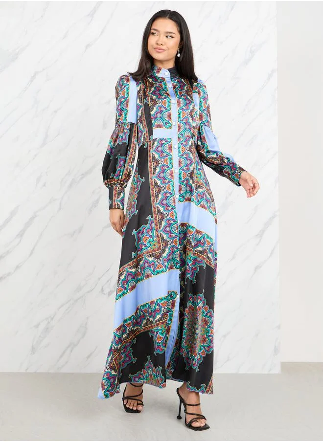 ستايلي Satin Bohemian Print A-Line Shirt Maxi Dress