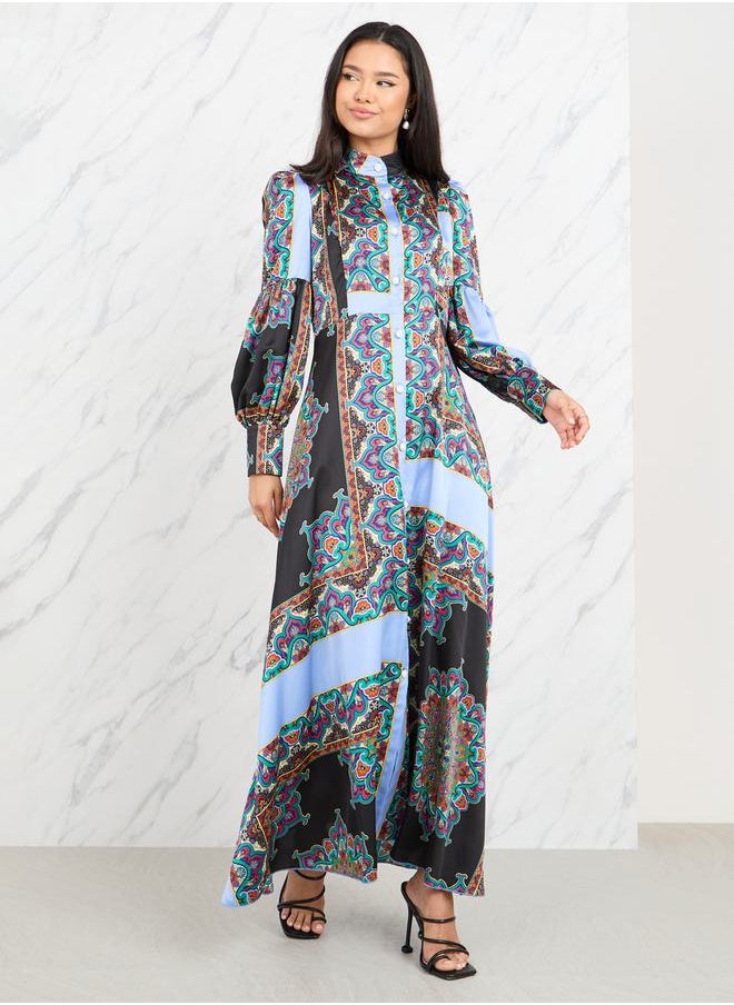 Styli - Satin Bohemian Print A-Line Shirt Maxi Dress - Image 1