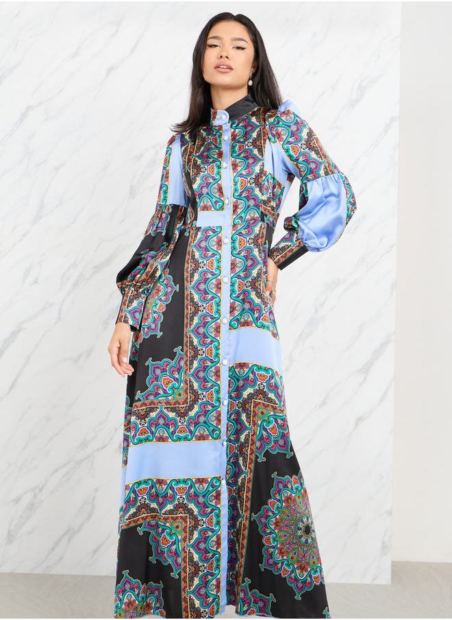 Styli - Satin Bohemian Print A-Line Shirt Maxi Dress - Image 1