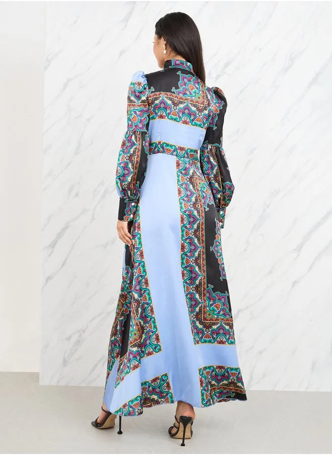 ستايلي Satin Bohemian Print A-Line Shirt Maxi Dress