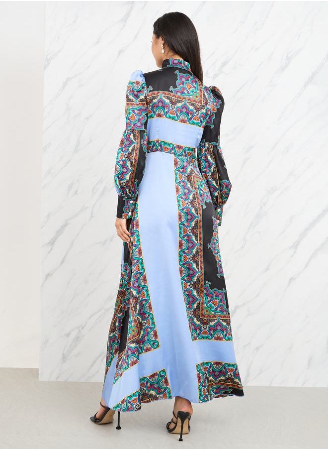 Styli - Satin Bohemian Print A-Line Shirt Maxi Dress - Image 1