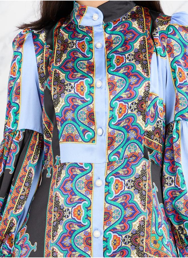 Styli - Satin Bohemian Print A-Line Shirt Maxi Dress - Image 1