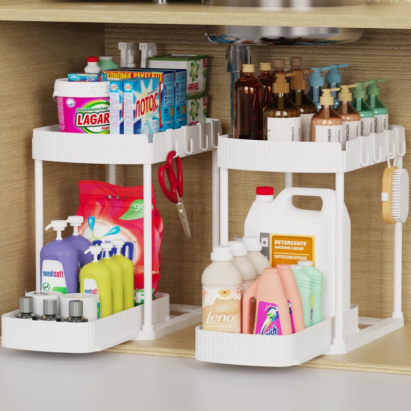 Ukeetap 2 Pack MultiPurpose PullOut Storage Organizers Under Sink Organizers and Storage for Bathroom  Kitchen Under Cabinet Organizers and storage 148 Inch White