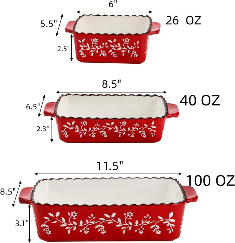 AVLA 3 Pack Ceramic Bakeware Set Porcelain Rectangular Baking Dish Lasagna Pans for Cooking Kitchen Casserole Dishes Cake Dinner 12 x 85 x 6 Inches of Baking Pans Banquet and Daily Use Red - Image 2