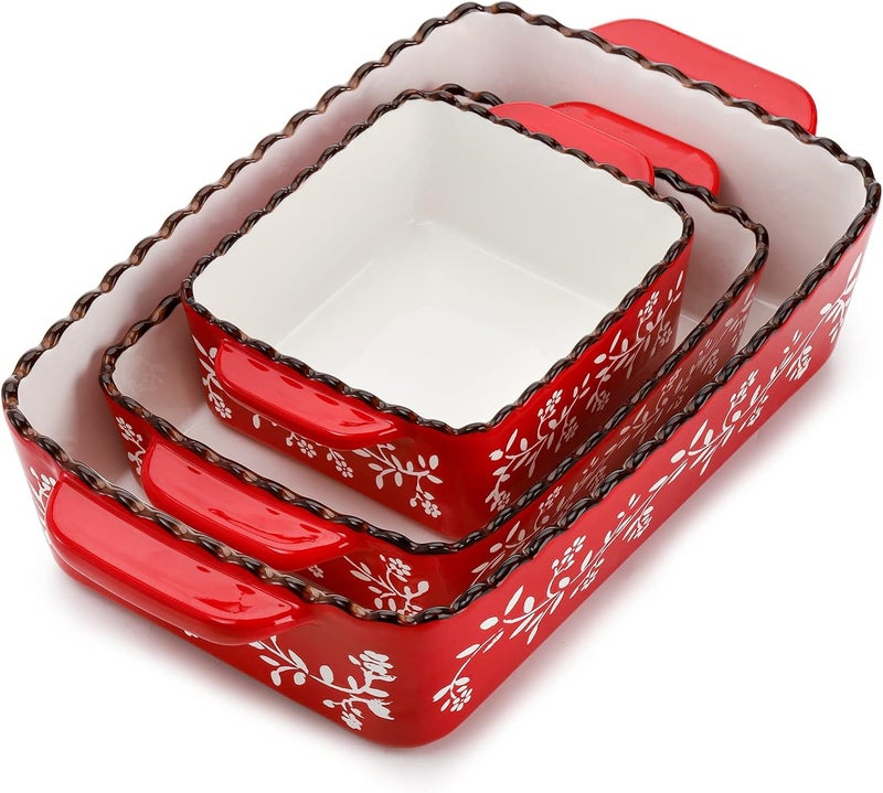 AVLA 3 Pack Ceramic Bakeware Set Porcelain Rectangular Baking Dish Lasagna Pans for Cooking Kitchen Casserole Dishes Cake Dinner 12 x 85 x 6 Inches of Baking Pans Banquet and Daily Use Red - Image 1