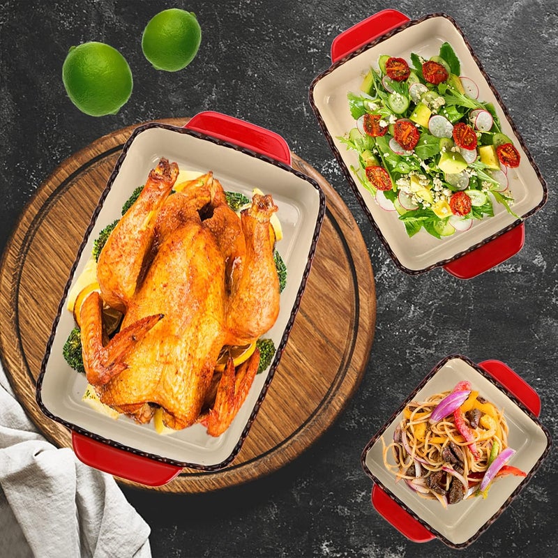AVLA 3 Pack Ceramic Bakeware Set Porcelain Rectangular Baking Dish Lasagna Pans for Cooking Kitchen Casserole Dishes Cake Dinner 12 x 85 x 6 Inches of Baking Pans Banquet and Daily Use Red - Image 5