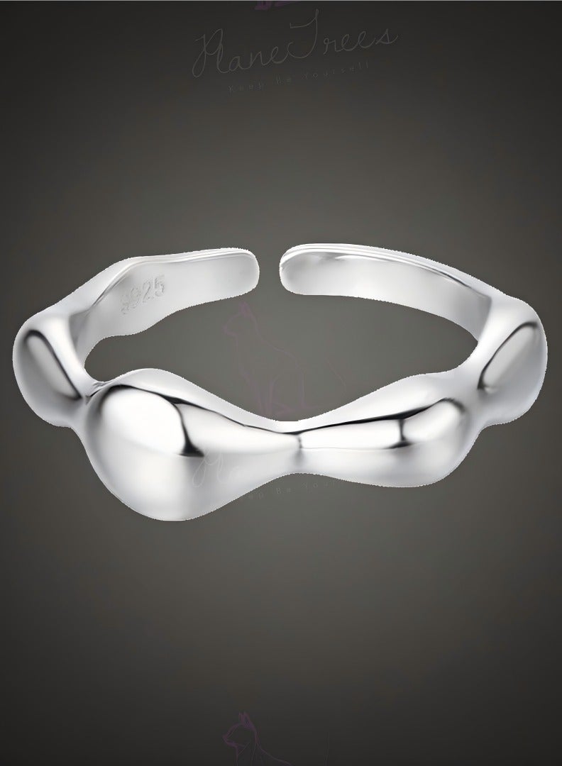 Plane Trees S925 Sterling Silver Open Ring – Organic Irregular Wave Design, Adjustable Minimalist Style - Image 1