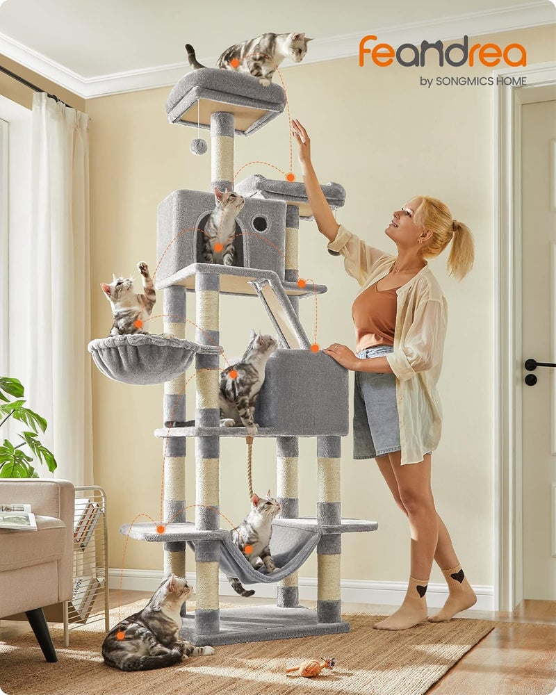 Cat Tree, 206 cm Large Cat Tower Condo with 13 Scratching Posts, 1 Scratching Ramp, 2 Perches, 2 Caves, Basket, Hammock, Pompoms, Light Grey PCT190W01V1 - Image 2