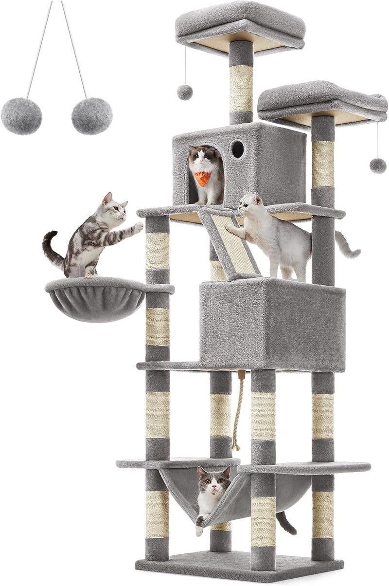 Cat Tree, 206 cm Large Cat Tower Condo with 13 Scratching Posts, 1 Scratching Ramp, 2 Perches, 2 Caves, Basket, Hammock, Pompoms, Light Grey PCT190W01V1 - Image 1