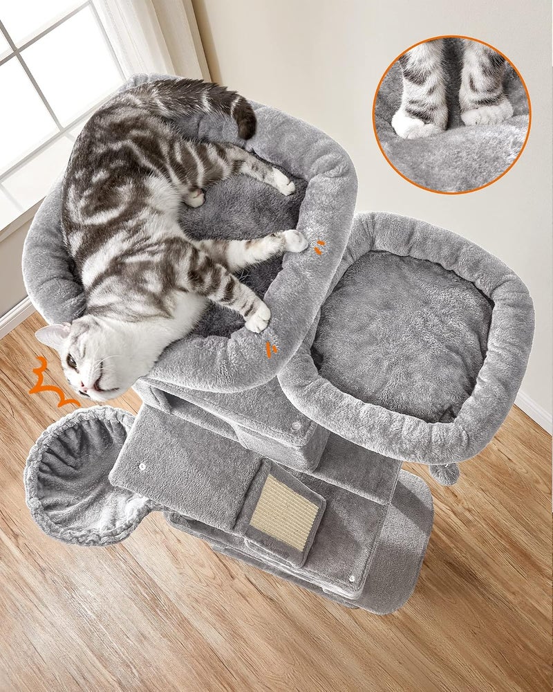 Cat Tree, 206 cm Large Cat Tower Condo with 13 Scratching Posts, 1 Scratching Ramp, 2 Perches, 2 Caves, Basket, Hammock, Pompoms, Light Grey PCT190W01V1 - Image 3