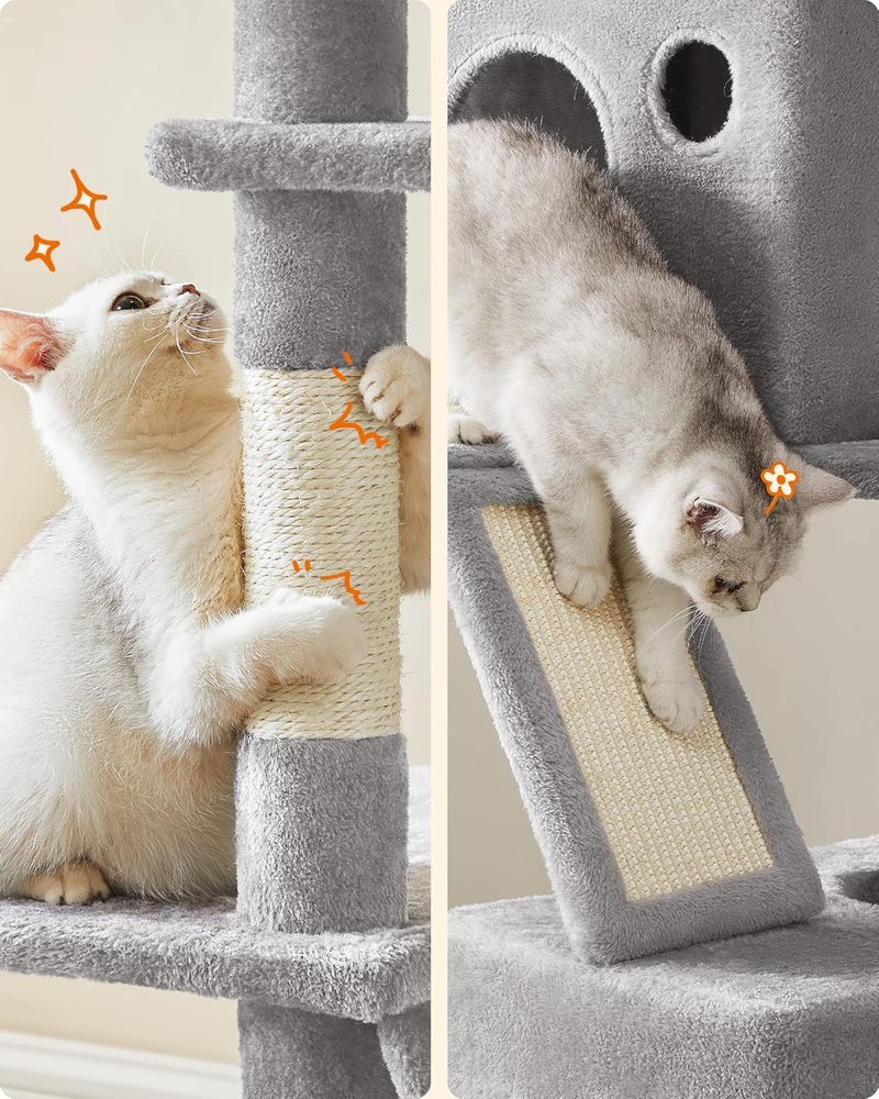 Cat Tree, 206 cm Large Cat Tower Condo with 13 Scratching Posts, 1 Scratching Ramp, 2 Perches, 2 Caves, Basket, Hammock, Pompoms, Light Grey PCT190W01V1 - Image 5