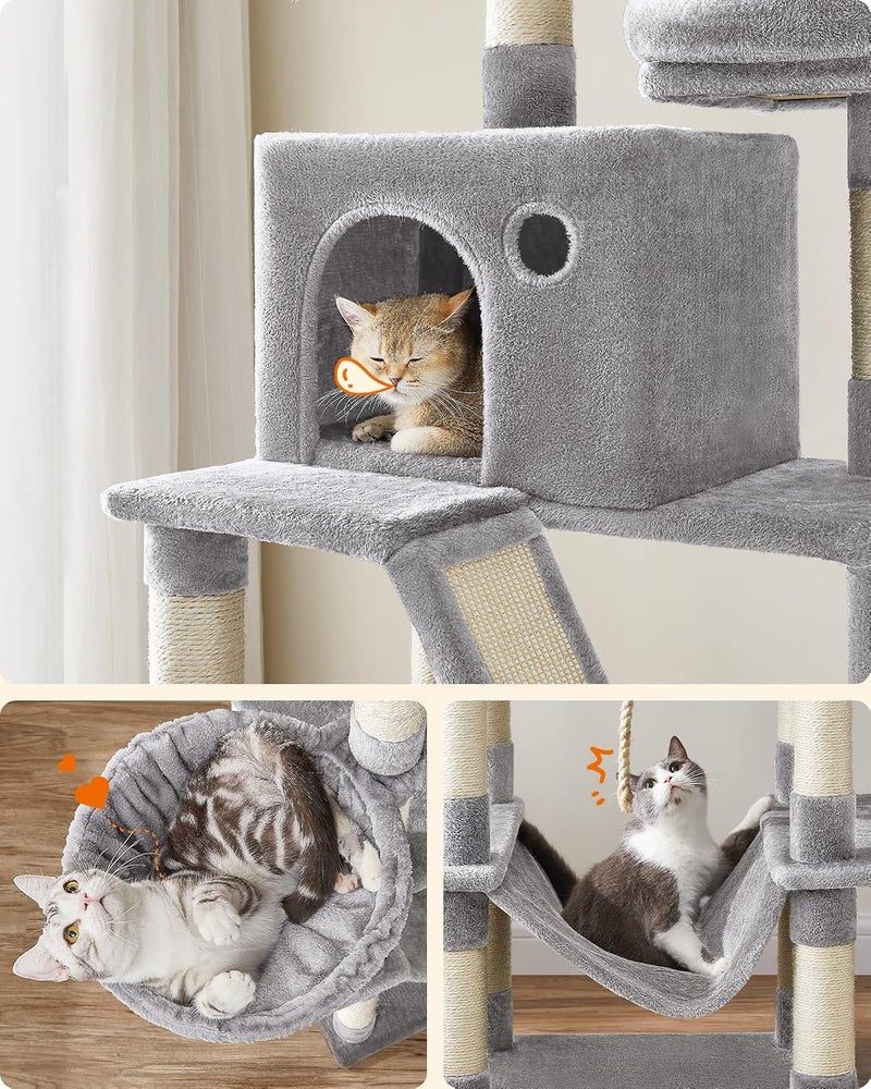 Cat Tree, 206 cm Large Cat Tower Condo with 13 Scratching Posts, 1 Scratching Ramp, 2 Perches, 2 Caves, Basket, Hammock, Pompoms, Light Grey PCT190W01V1 - Image 4