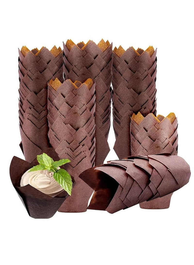 200PACK توليب الخبز ورق أكواب كعكة بطانات الخبز أكواب كعكة ملفوفات ورق مقاوم للدهون مصنوعة، مثالية لحفلات ، حفلات الزفاف، المخابز، المطاعم، البني - Image 1