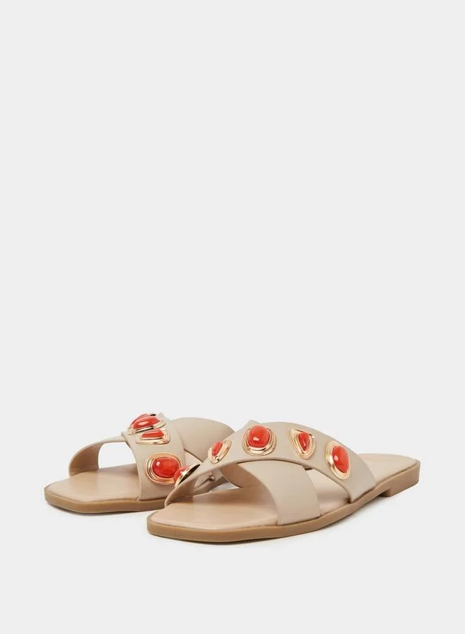 Styli Beige Embellished Flat Sandals