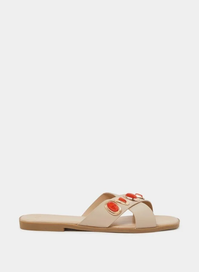 Styli Beige Embellished Flat Sandals