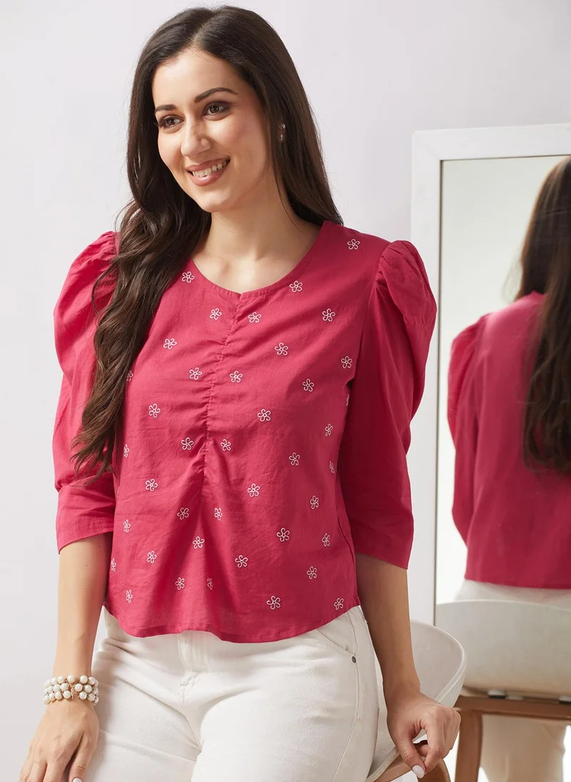 globus Globus Women Pink Puff Sleeves Floral Embroidered Gathered Detail Top
