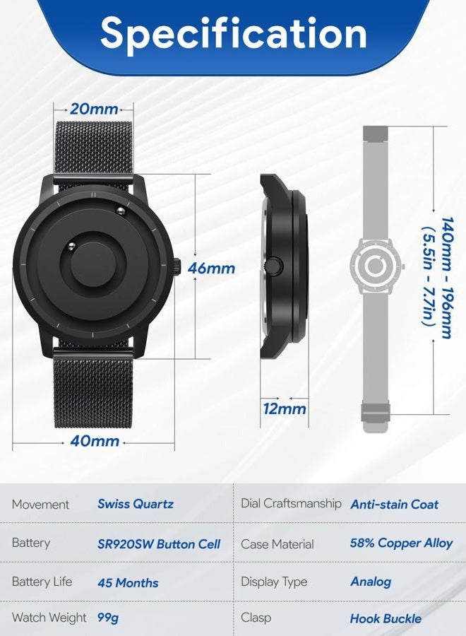 EUTOUR Men's Magnetic Watch No Glass Ball Bearing Quartz Wrist Watches with Black Stainless Steel Strap - Image 4